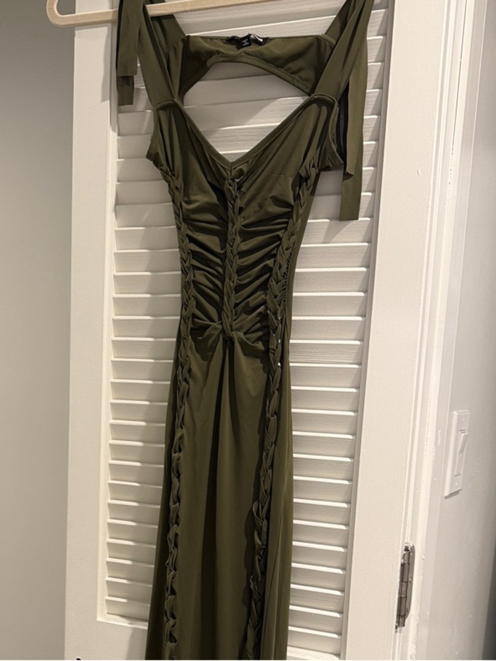 Fashion Nova Olive Green Ruched Maxi Dress with Tie-Straps